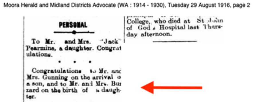 Alice Margaret Mary (Marjorie) Birth Notice 1916